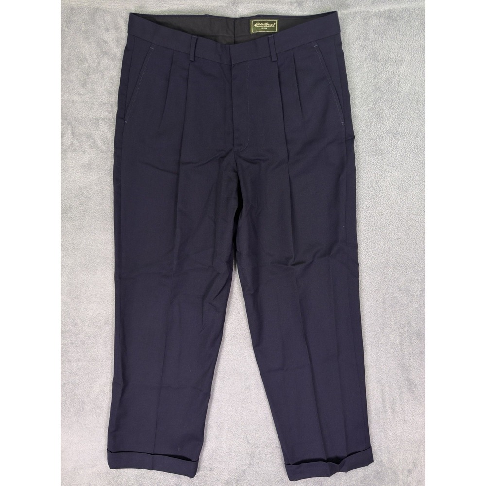 Eddie Bauer Pants Mens 35x30 Blue Navy Relaxed Fit Pleated Cuffed Straight Wool